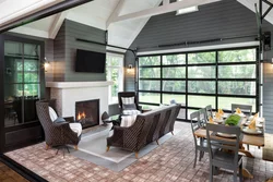 Terrace design with fireplace and kitchen