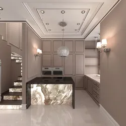 Design of a hall with a kitchen in a house