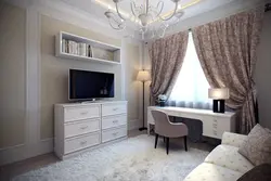 Дизайн гостиной с комодом и диваном