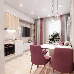 Rectangular Kitchen Design With Sofa And TV