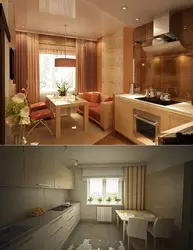 Rectangular kitchen design with sofa and TV