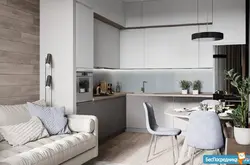 Прямоугольная кухня дизайн с диваном и телевизором