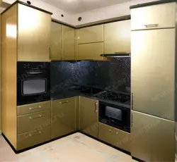 Corner kitchen design with refrigerator and microwave