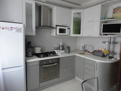 Corner kitchen design with refrigerator and microwave