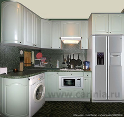 Kitchen with design gas stove, refrigerator and microwave