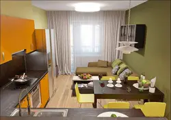 Kitchen design with sofa and TV and balcony