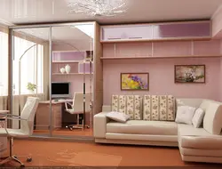 Living room design in an apartment with a sofa and wardrobe