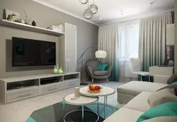 Living room design in an apartment with a sofa and wardrobe