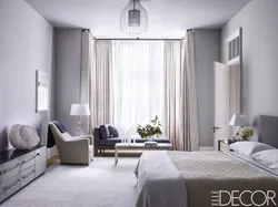 Bedroom Design With White Wallpaper And Gray Curtains