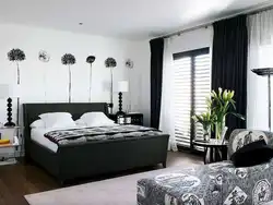 Bedroom design with white wallpaper and gray curtains