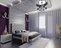 Bedroom design with white wallpaper and gray curtains