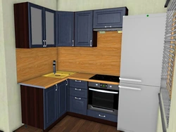 Kitchen design with left corner and refrigerator by the window