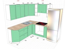 Kitchen design with left corner and refrigerator by the window