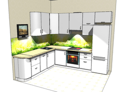 Kitchen design with left corner and refrigerator by the window