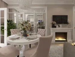Design Of A Kitchen Living Room With A Fireplace And Access To The Terrace