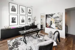Black and white photos on the walls in the apartment