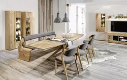 Apartment interiors with wooden furniture