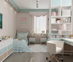 Дизайн спальни детской с двумя окнами