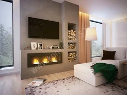 Linear fireplace in the living room interior