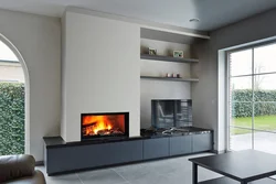 Linear fireplace in the living room interior