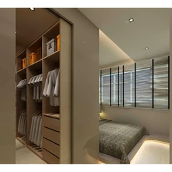 Narrow bedroom design with dressing room