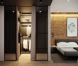 Narrow bedroom design with dressing room