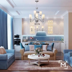 Living room kitchen design in blue tones