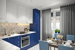 Living room kitchen design in blue tones