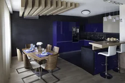 Дизайн кухни гостиной в синих тонах