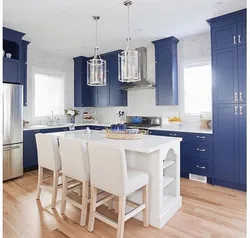 Living room kitchen design in blue tones