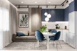 Living room kitchen design in blue tones