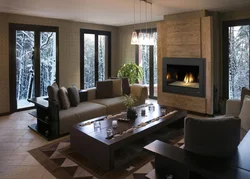 Дизайн гостиной с рейками и камином