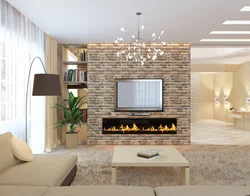 Living Room Design With Slats And Fireplace