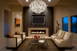 Living room design with slats and fireplace