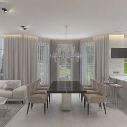 Living room kitchen design with three windows