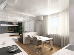 Дизайн кухни гостиной с тремя окнами
