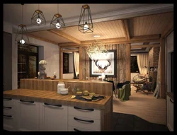 Living room kitchen design in chalet style