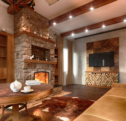 Living room kitchen design in chalet style
