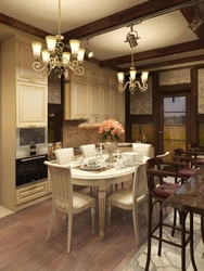 Living room kitchen design in chalet style