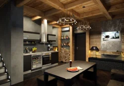 Дизайн кухни гостиной в стиле шале