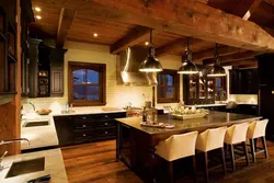 Living room kitchen design in chalet style