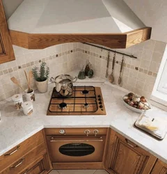 Kitchen design with hood in the corner