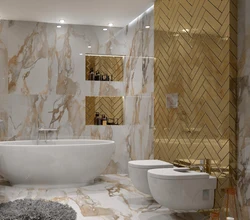 Дизайн ванной белый мрамор с золотом