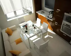 Small kitchen design with sofa and TV