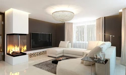 Дизайн гостиной с угловым диваном и камином