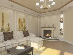 Living room design with corner sofa and fireplace