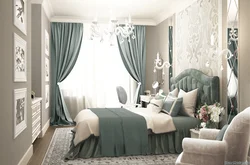 Curtains in the interior of a bedroom with a gray bed
