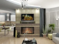 Дизайн кухни камин с телевизором