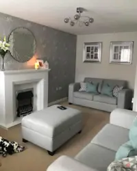 Gray living room design with fireplace