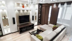 Living room design with sofa and wardrobe